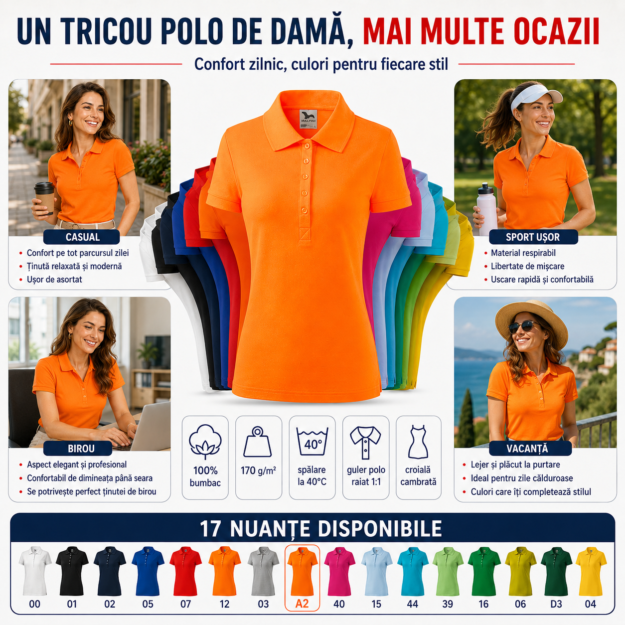 Tricou Polo Damă Malfini Cotton potrivit pentru birou, casual, oraș, vacanță, timp liber și uniforme